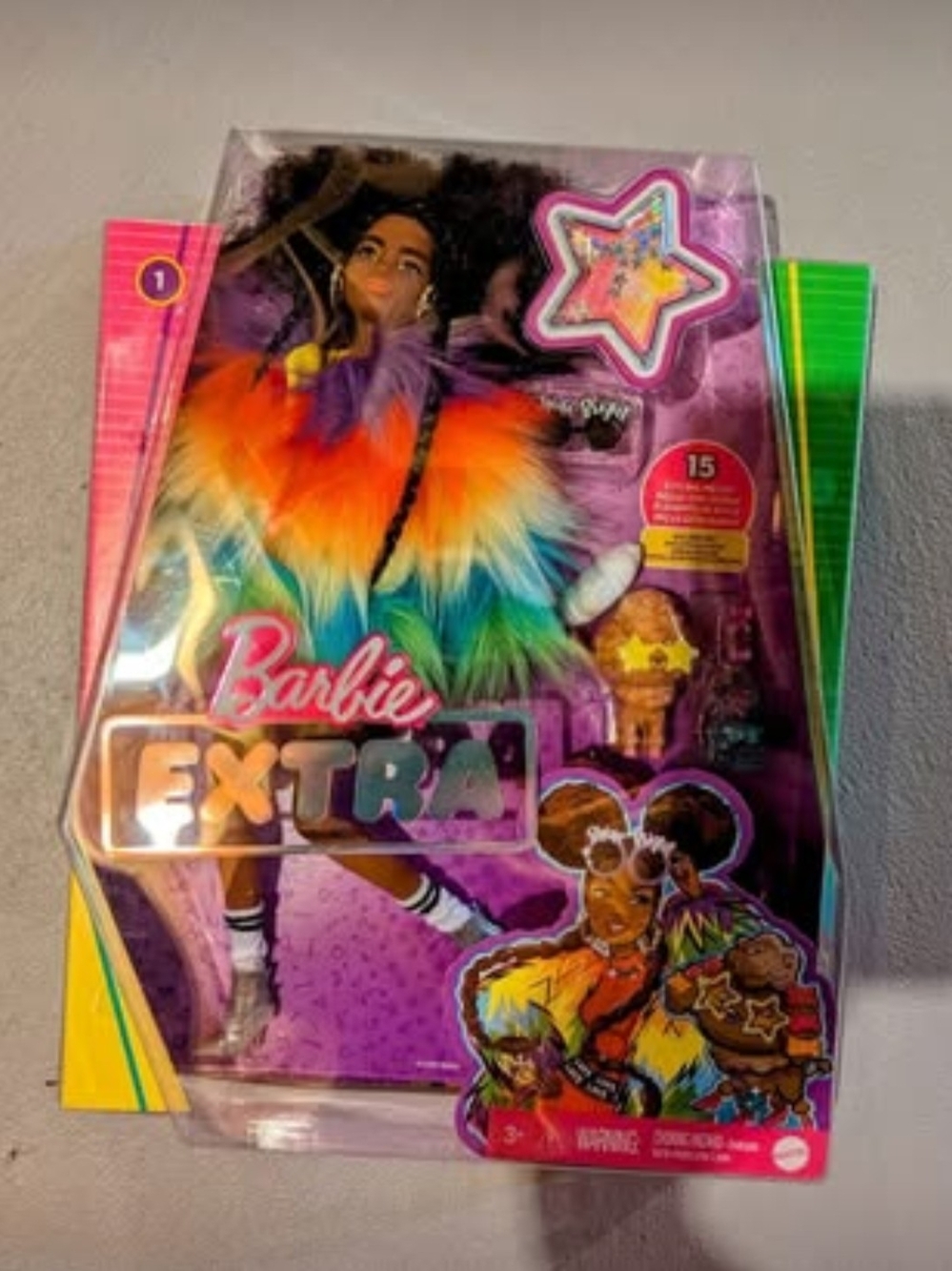 2/$55 Barbie Extra Doll #1 – Afro-Puffs, Rainbow Fur Coat & Pet Poodle